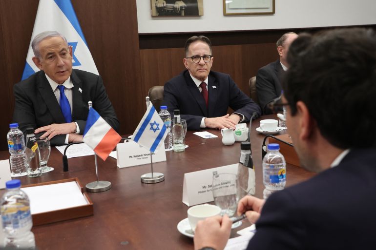 Israeli Prime Minister Benjamin Netanyahu (L) meets with France's Foreign Minister Stephane Sejourne (R) in Jerusalem on February 5, 2024