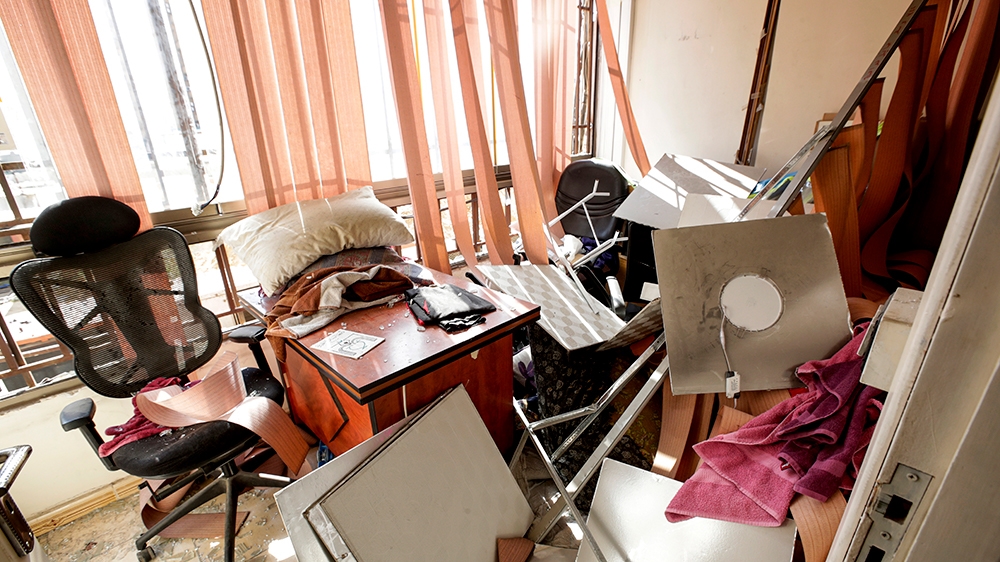 This picture taken on August 25, 2019 shows damage inside a media centre of the Lebanese Shiite group Hezbollah in the south of the capital Beirut, after two drones came down in the vicinity of its bu