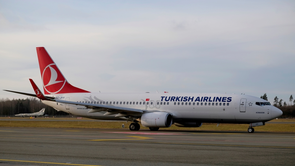 Turkish Airlines Boeing 737-800 plane TC-JVV taxies to take-off in Riga International Airport