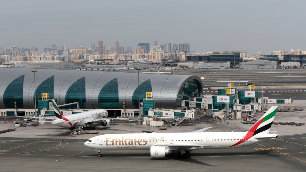 Emirates Airline Boeing 777 planes are seen at Dubai International Airport in Dubai
