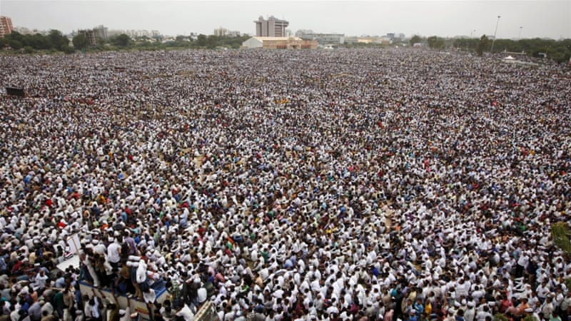 About half a million Patels rallied in Ahmedabad on Tuesday, paralysing the city, to demand preferential treatment [AP]