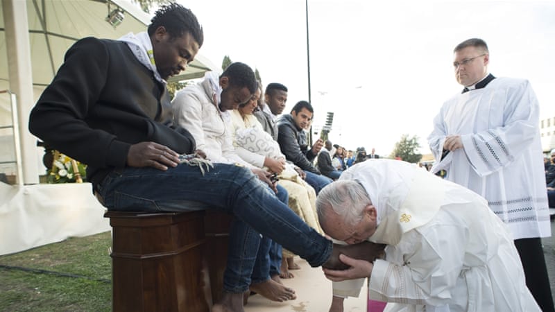 The Holy Thursday rite re-enacts the foot-washing ritual Jesus performed on his apostles [L''Osservatore Romano/Pool Photo via AP]