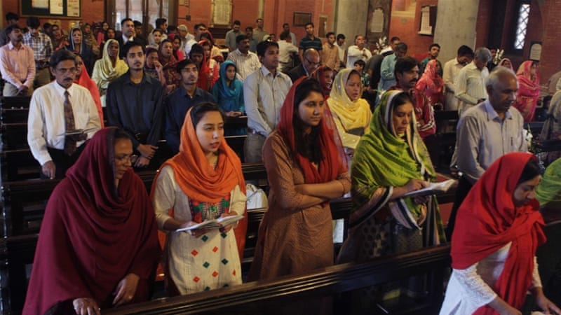 Pakistani Christians attend services for the victims of the suicide bombing which killed dozens of people, at a local church in Lahore, on April 3. [AP]