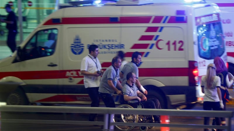 Ambulances rushed to the airport after the attack [Osman Orsal/Reuters]