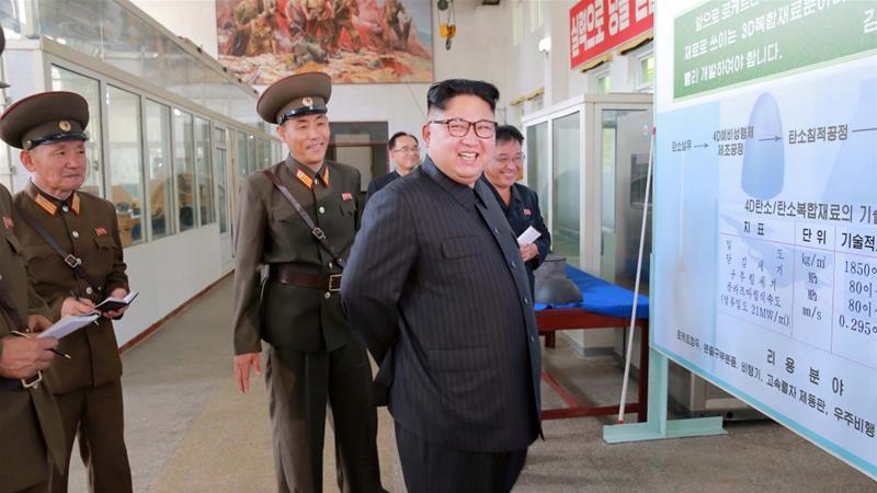 Kim Jong-Un looks on during a visit to the Chemical Material Institute of the Academy of Defence Science in this undated photo released by North Korea's Korean Central News Agency [KCNA via Reuters]