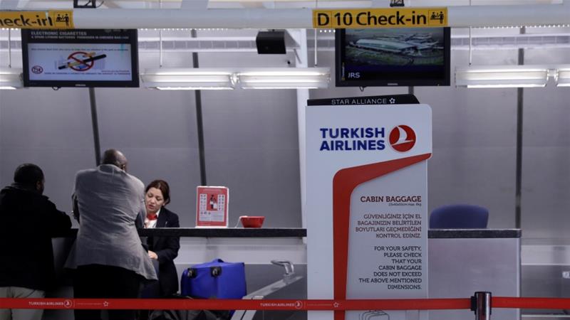 A sign for Turkish Airlines stands near the counters in JFK International Airport, New York [File: Lucas Jackson/Reuters]