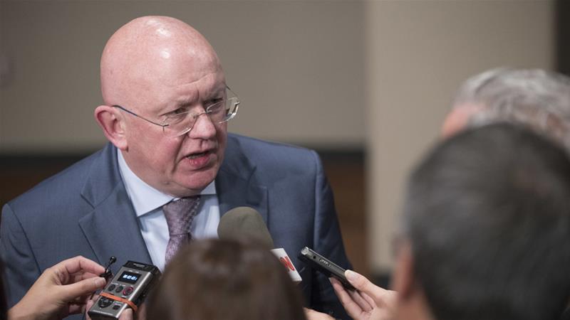 Russian Ambassador Vassily Nebenzia accused the US of using Iran's protests for its own agenda [Mary Altaffer/AP]