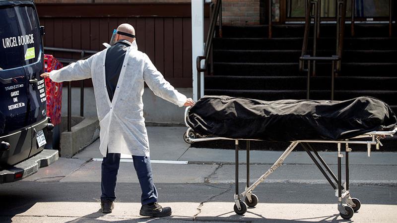 A body is removed from Centre d'hebergement Yvon-Brunet, a seniors' long-term care centre, amid the coronavirus pandemic in Montreal, Quebec [File: Christinne Muschi/Reuters]