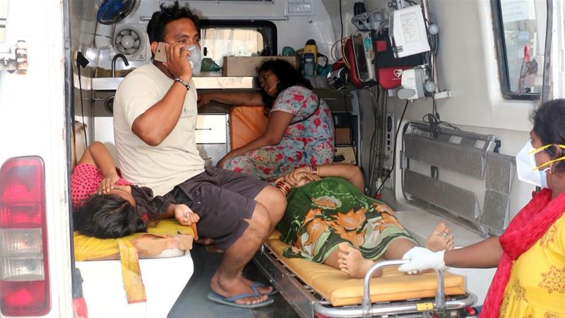 People affected by a gas leak at the LG Polymers Plant are transported in an ambulance in Visakhapatnam on Thursday [R Narendra/Reuters]