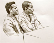 A sketch of Davis (R) and his defence lawyer Paul Bergrin