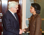 Rice (R) visited Germany at the start of a European tour