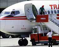 The hijacked TWA plane on Beirutairport's tarmac in June 1985