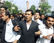 Lawyers shout anti-royal slogans during a protest in Kathmandu