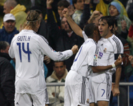 Guti (L), Robinho (C) and Raulcelebrate Real's opening goal