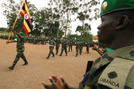 African Union peace keepers from the Uganda People's Defence Force (UPDF) participate in a flagging-off parade 01 March 2007