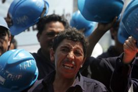 A group of miners shout slogans during a protest in Lima on April 30th, 2007
