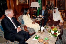 Saudi King Abdullah (R) during his meeting with US Secretary of State Condoleezza Rice (2nd L) and US Defense Secretary Robert Gates (L) in Jeddah Saudi Arabia 31 July 2007