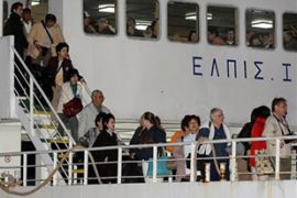 Passengers from stranded greek passenger ship