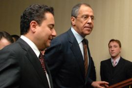 Russian Foreign Minister sergei Lavrov (C) meets with Turkish Foreign Minister Ali Babacan