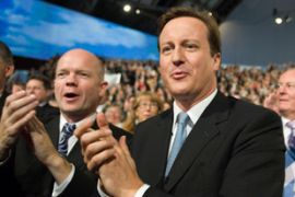 British Conservative Party leader David Cameron (C) and Shadow Foreign Secretary, William Hague