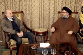 Hassan Nasrallah (R) talking with Druze leader of the Progressive Socialist Party MP Walid Jumblatt