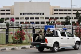 Pakistani paramilitary soldiers patrol in front of Parliament House