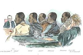Courtroom sketch shows five suspected Somali pirates attending a hearing in a Rotterdam court.
