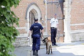 Police officer with a dog walks by the headquarters of the Archbishopric Mechelen-Brussels (Malines - Bruxelles-Brussel), 24 June 2010. Police performed searchs in several buildings belonging to the Archbishopric and in the Cathedral in Mechelen, regarding pedophilia