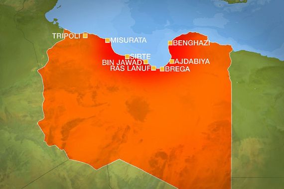 libya graphics map in red shading showing coastal cities - tripoli, misurata, sirte, bin jawad, ras lanuf, brega, ajdabiya, benghazi