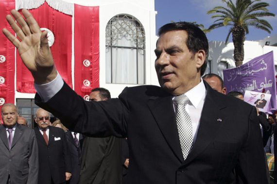 Tunisia''s President Zine al-Abidine Ben Ali waves to supporters