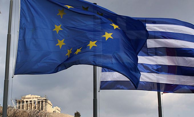 greece euro flags economy bailout athens parthenon