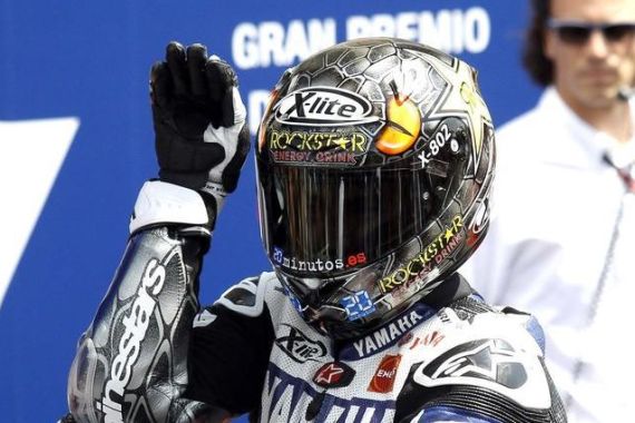 Lorenzo of Spain celebrates after winning the Italian motorcycling Grand Prix race at Mugello circuit