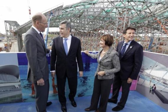 Britian''s Prime Minister Brown views the construction of London''s 2012 Olympics Aquatic Centre in east London