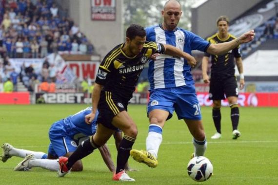 Wigan Athletic''s Ivan Ramis concedes a penalty with his challenge on Chelsea''s Eden Hazard during their English Premier League soccer match at the DW Stadium in Wigan