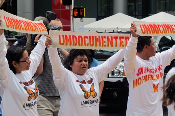 Immigartion reform protesters at DNC 2012 [Charles McDermid/Al Jazeera]