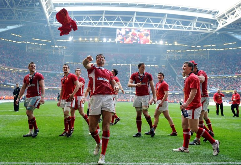 Wales players celebrate their victory af