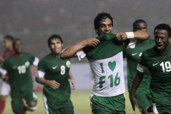 Saudi Arabia''s Yousef al-Salem celebrates after scoring a goal against Indonesia during their 2015 Asian Cup qualifying soccer match in Jakarta