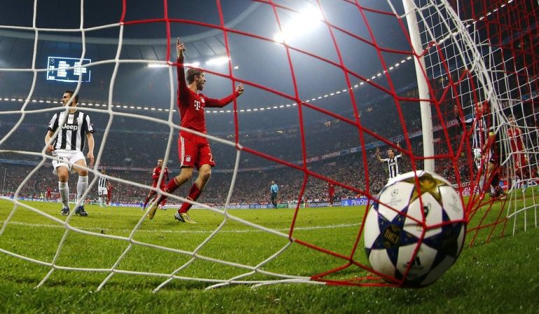 Thomas Mueller of Bayern Munich celebrates his goal against Juventus during their Champions League quarter-final first leg match in Munich