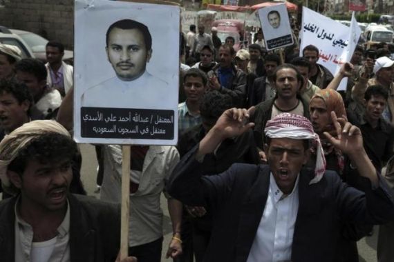 Protesters shout slogans as they demonstrate regarding the treatment of Yemenis in Saudi Arabia, outside the Saudi embassy in Sanaa