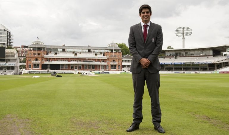 England''s Cook poses for a photograph in front of the pavilion at Lord''s in London