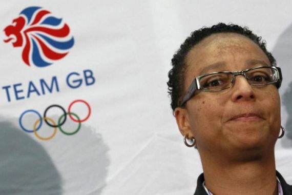 Former England women''s soccer coach Hope Powell listens during a news conference at Wembley Stadium in London