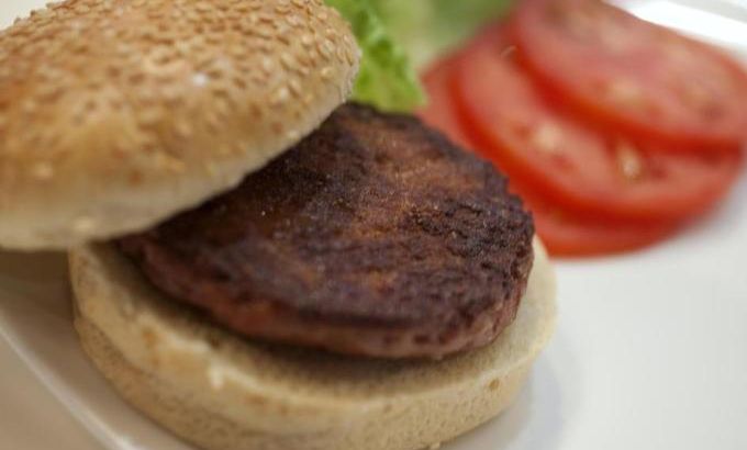 The world''s first lab-grown beef burger is seen after it was cooked at a launch event in west London