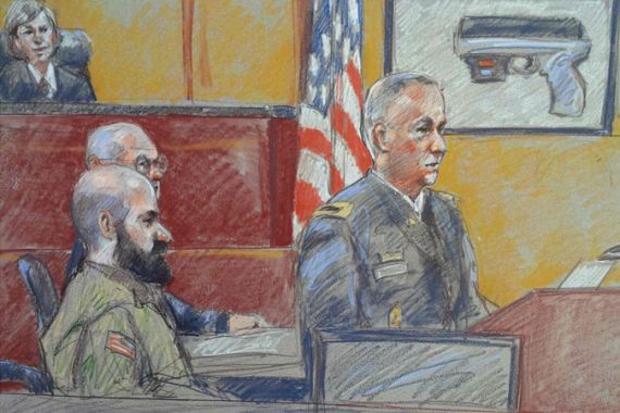Courtroom sketch of Major Nidal Hasan on opening day in Fort Hood