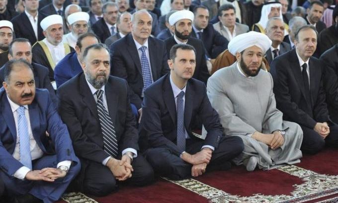 Syria''s President Bashar al-Assad attends Eid al-Fitr prayers at Anas bin Malek mosque in Damascus
