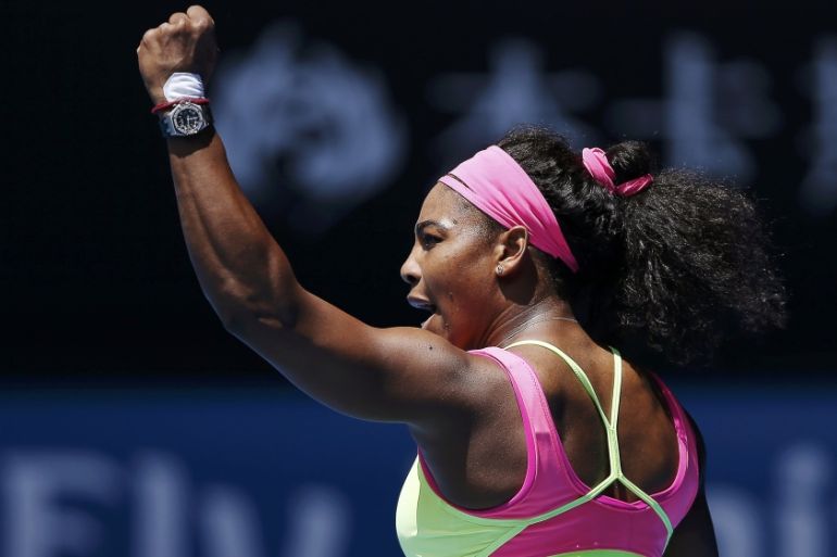 Serena of the U.S. celebrates a point over Cibulkova of Slovakia during their women''s singles quarter-final match at the Australian Open 2015 tennis tournament in Melbourne