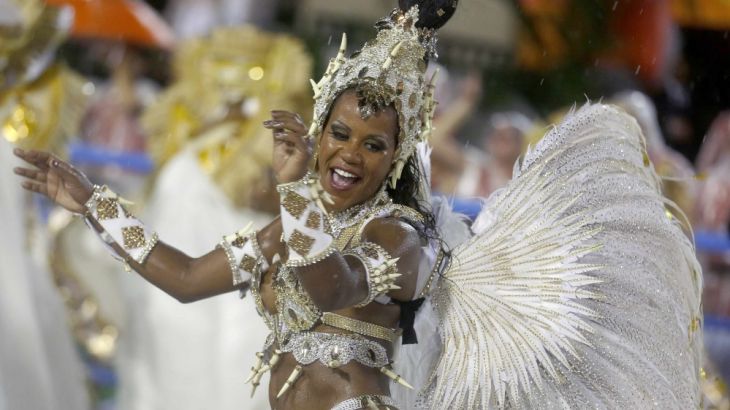 A reveller from the Viradouro samba school participates in the annual carnival parade in Rio de Janeiro''s Sambadrome