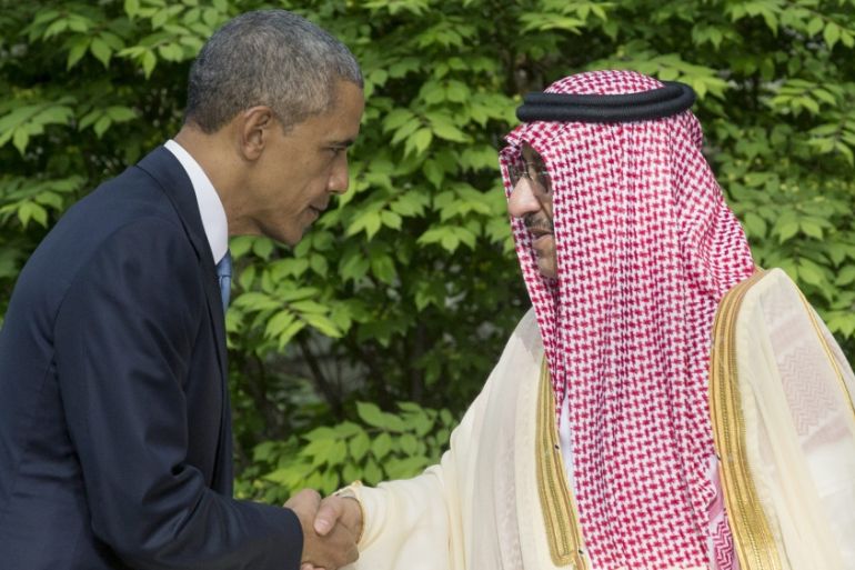 Obama shakes hands with Deputy Prime Minister and Minister of the Interior of the Kingdom of Saudi Arabia, Crown Prince Mohammed bin Nayef bin Abdulaziz Al Saud [EPA]