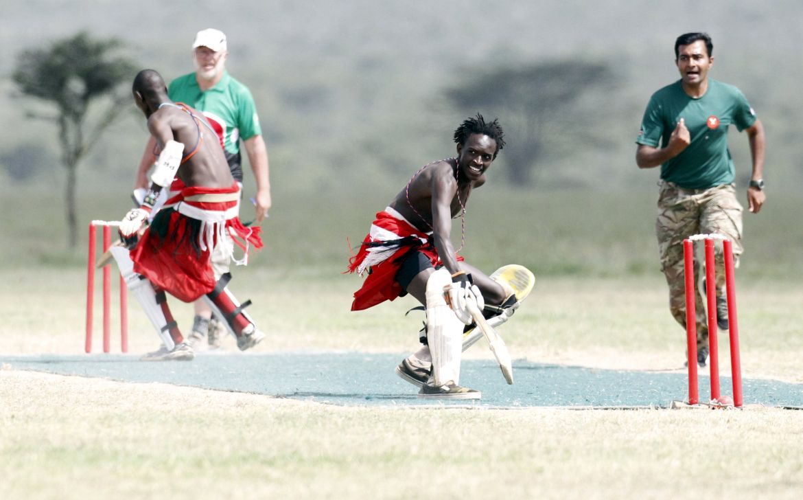 Memusi of the Maasai Cricket Warriors plays against the British Army Training Unit cricket team during a charity tournament
