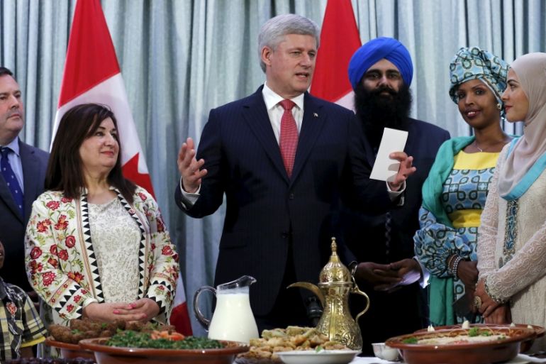 Canada''s Prime Minister Stephen Harper speaks before the start of the Iftar (breaking of fast) meal during an event celebrating Ramadan at Harper''s official residence in Ottawa