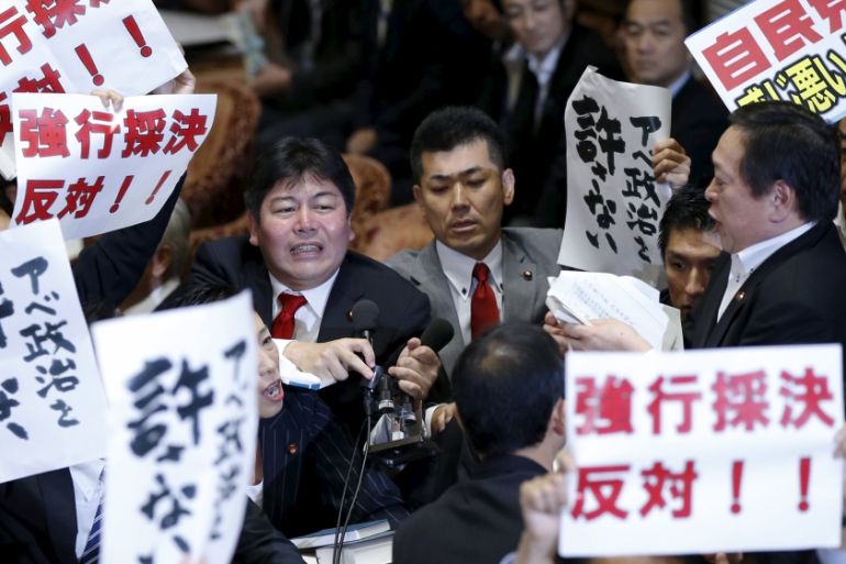 Japan security bills protests by opposition lawmakers